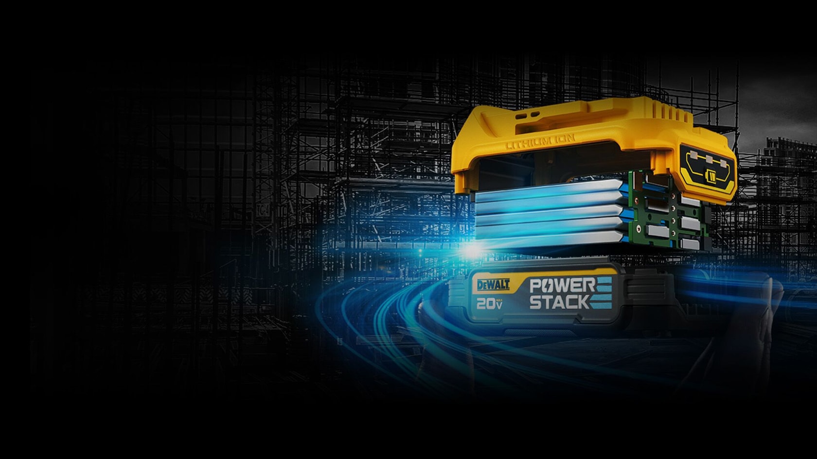 Se muestra una batería DEWALT POWERSTACK de 20V sobre un fondo industrial oscuro con líneas de energía azul destacando su tecnología avanzada de celdas.